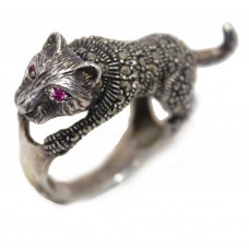 Oxidized Panther Ring Silver 925 Sterling Women Marcasite Ruby Stones Gift B518